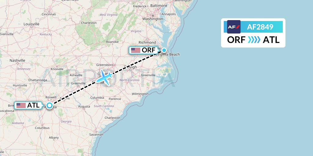 AF2849 Air France Flight Map: Norfolk to Atlanta
