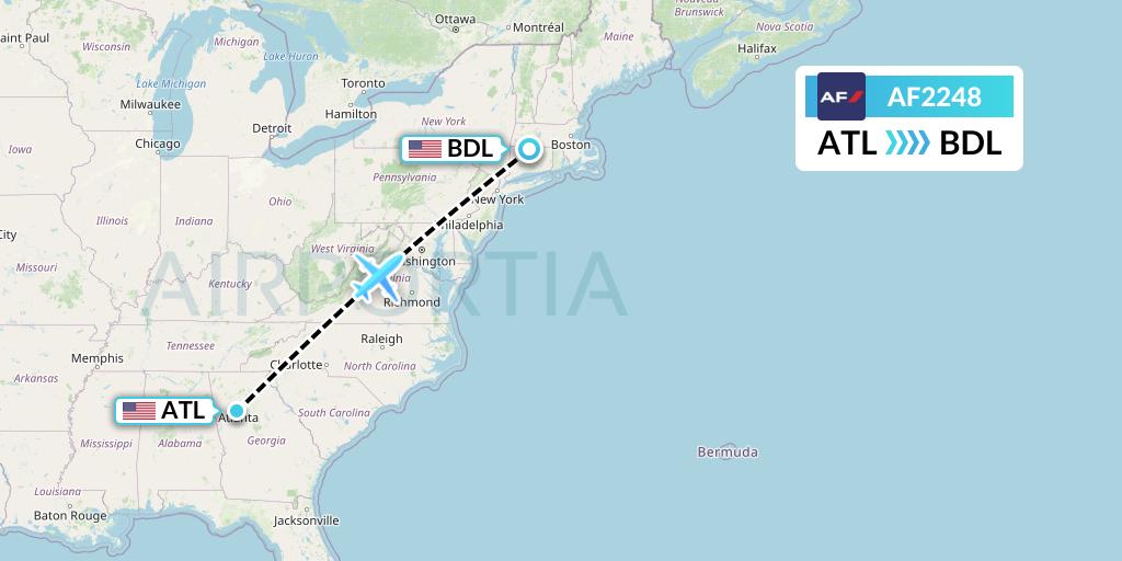 AF2248 Air France Flight Map: Atlanta to Windsor Locks