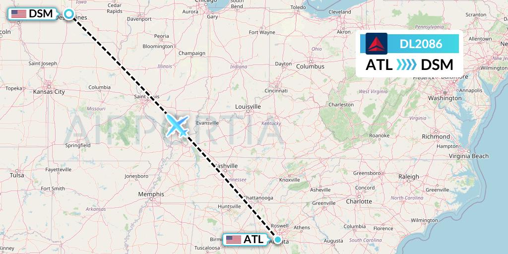 DL2086 Delta Air Lines Flight Map: Atlanta to Des Moines