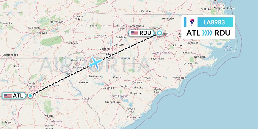 LA8983 LAN Airlines Flight Map: Atlanta to Raleigh-Durham