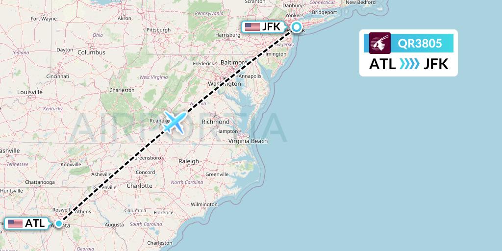 QR3805 Qatar Airways Flight Map: Atlanta to New York
