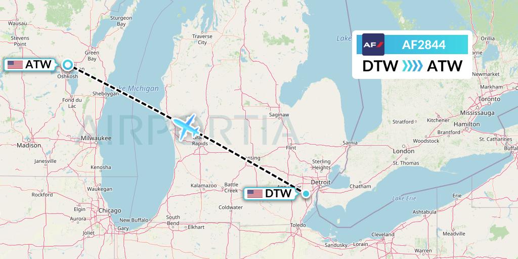 AF2844 Air France Flight Map: Detroit to Appleton