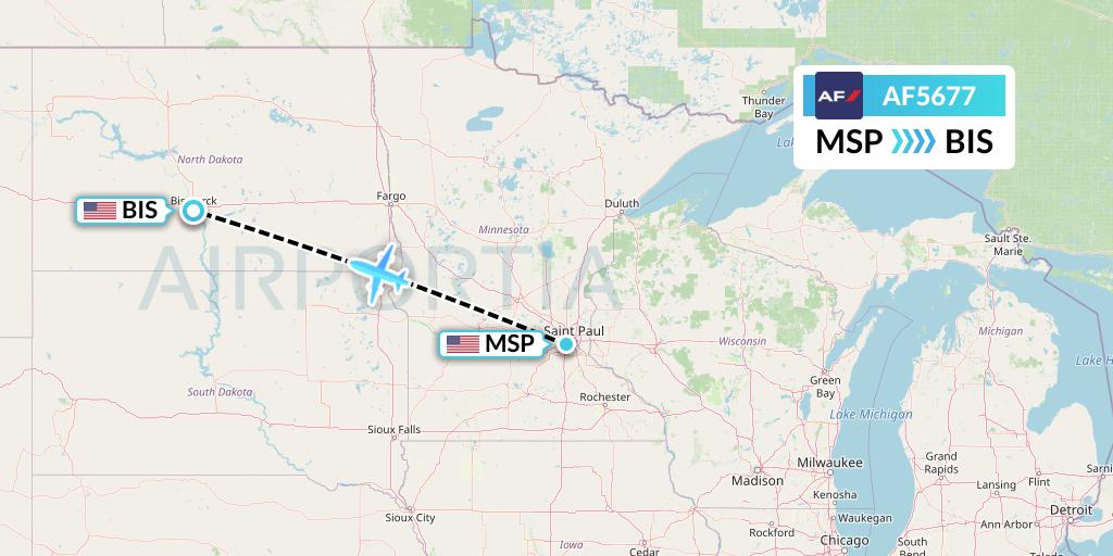AF5677 Air France Flight Map: Minneapolis to Bismarck