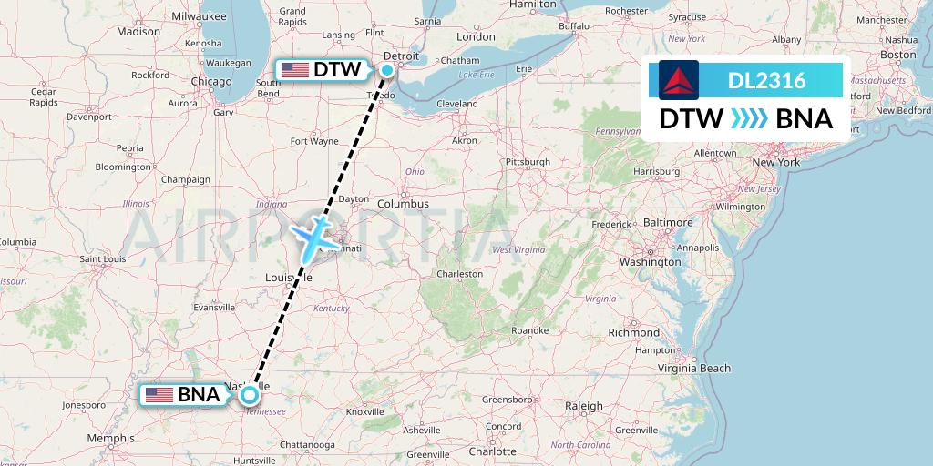 DL2316 Delta Air Lines Flight Map: Detroit to Nashville