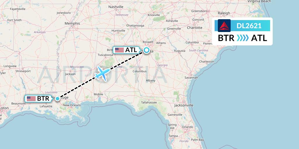 DL2621 Delta Air Lines Flight Map: Baton Rouge to Atlanta