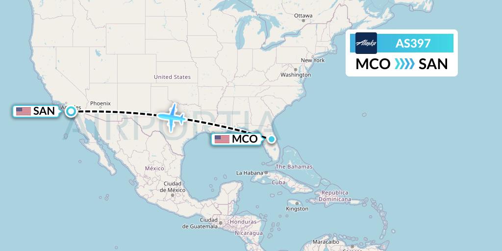 AS397 Alaska Airlines Flight Map: Orlando to San Diego