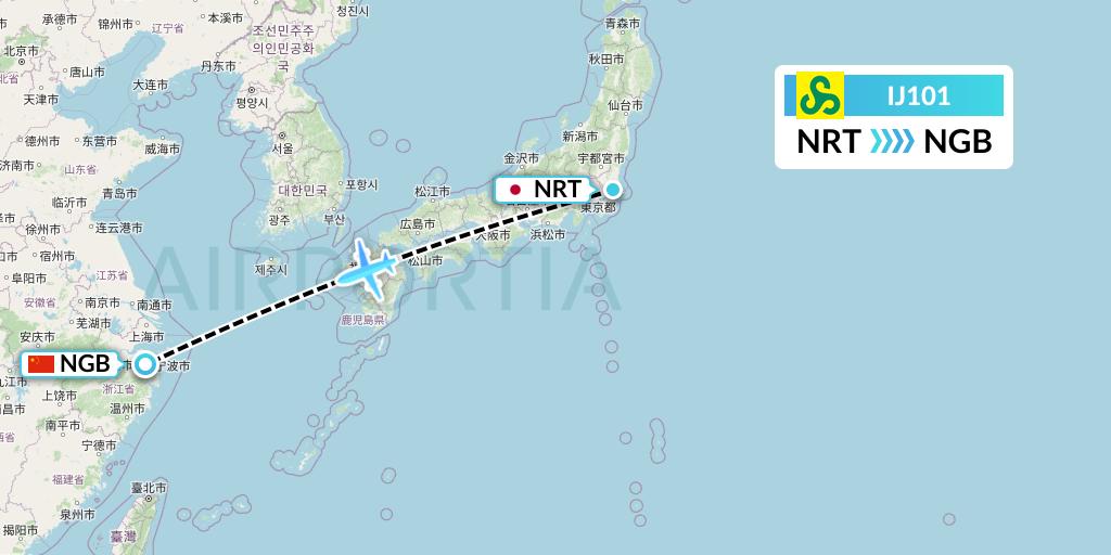 IJ101 Spring Airlines Japan Flight Map: Tokyo to Ningbo