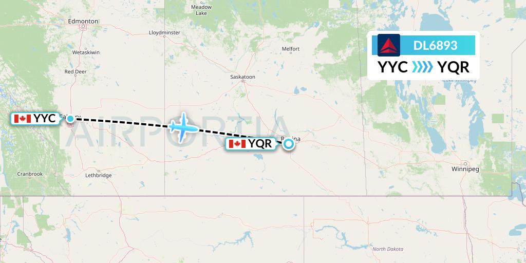 DL6893 Delta Air Lines Flight Map: Calgary to Regina