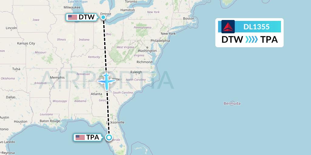 DL1355 Delta Air Lines Flight Map: Detroit to Tampa