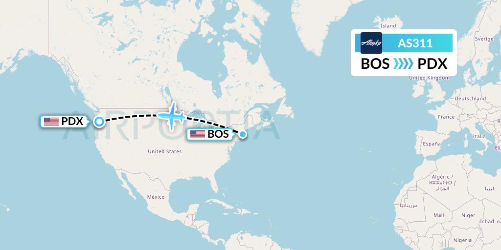 AS311 Alaska Airlines Flight Map: Boston to Portland