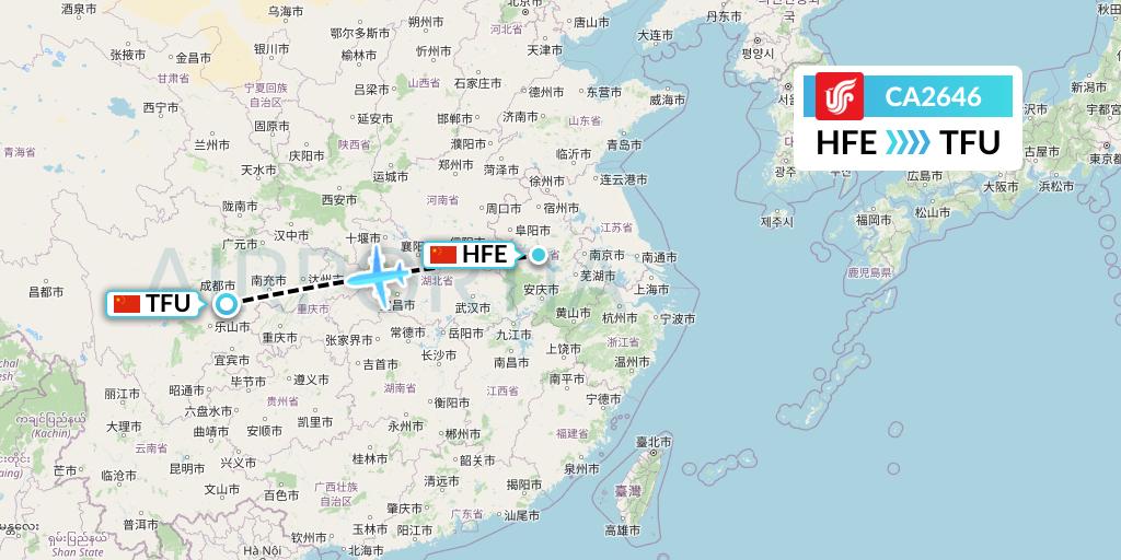 CA2646 Air China Flight Map: Hefei to Chengdu