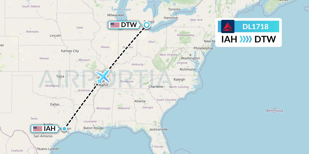 DL1718 Delta Air Lines Flight Map: Houston to Detroit
