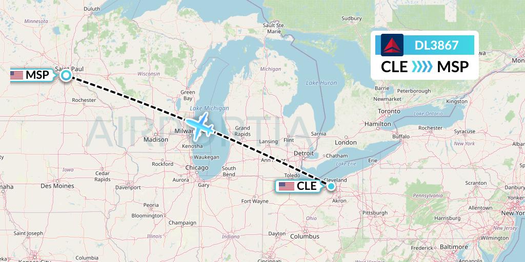 DL3867 Delta Air Lines Flight Map: Cleveland to Minneapolis