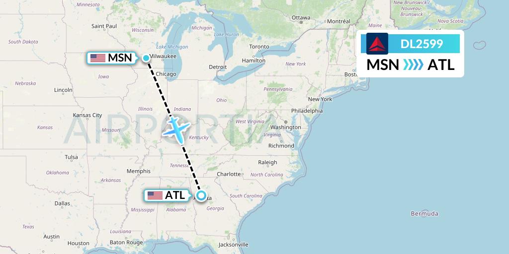 DL2599 Delta Air Lines Flight Map: Madison to Atlanta