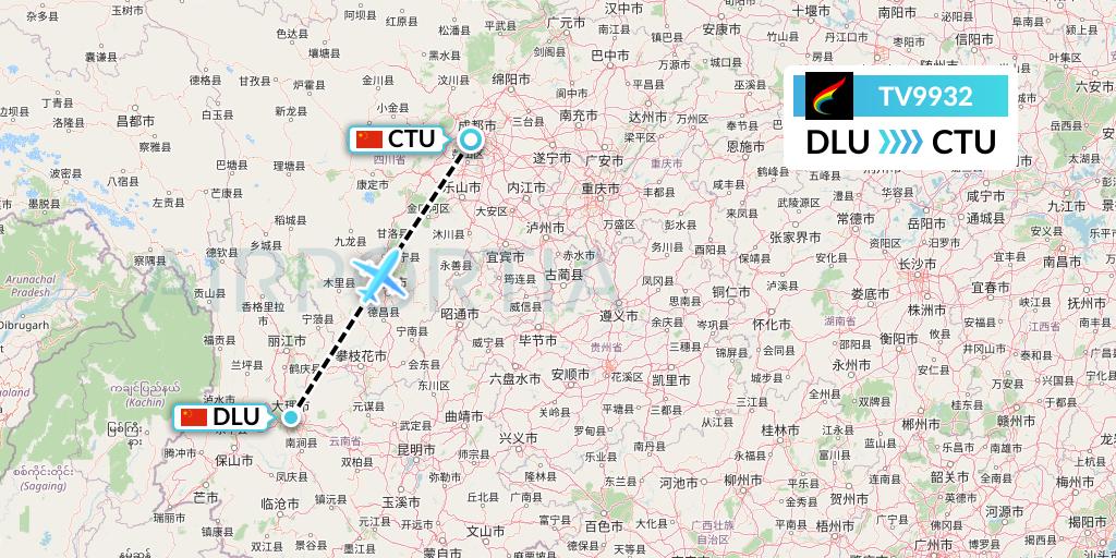 TV9932 Tibet Airlines Flight Map: Dali to Chengdu