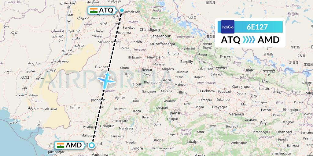 6E127 IndiGo Airlines Flight Map: Amritsar to Ahmedabad