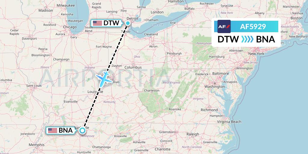 AF5929 Air France Flight Map: Detroit to Nashville