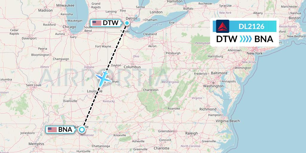 DL2126 Delta Air Lines Flight Map: Detroit to Nashville