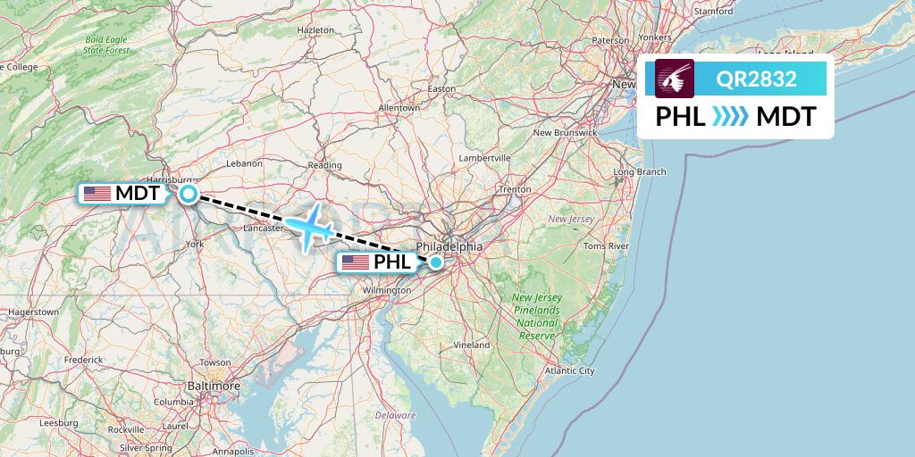 QR2832 Qatar Airways Flight Map: Philadelphia to Harrisburg