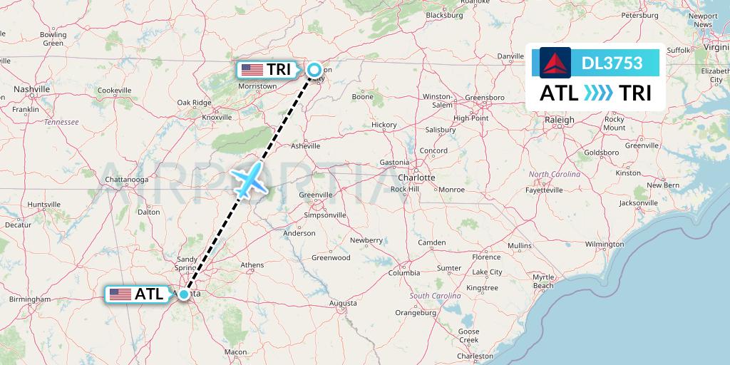 DL3753 Delta Air Lines Flight Map: Atlanta to Blountville