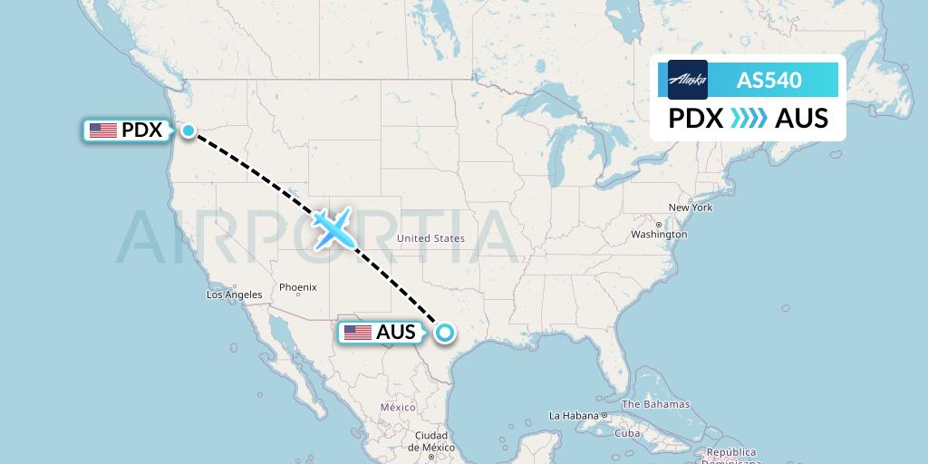 AS540 Alaska Airlines Flight Map: Portland to Austin