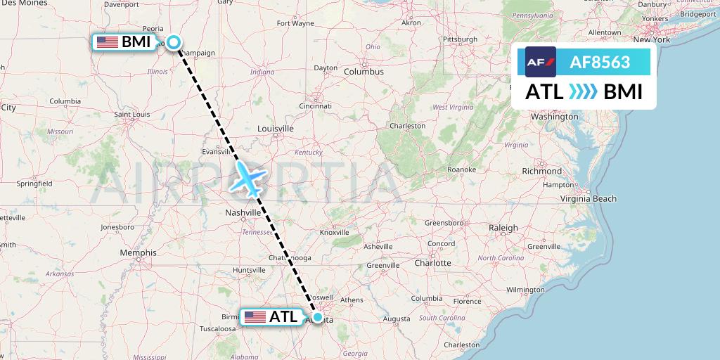 AF8563 Air France Flight Map: Atlanta to Bloomington