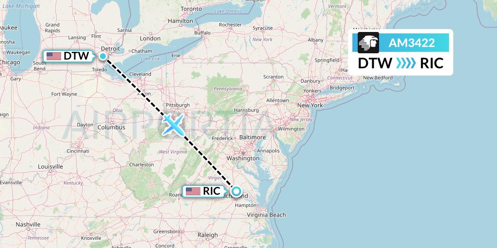 AM3422 Aeromexico Flight Map: Detroit to Richmond