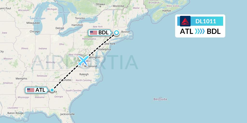 DL1011 Delta Air Lines Flight Map: Atlanta to Windsor Locks