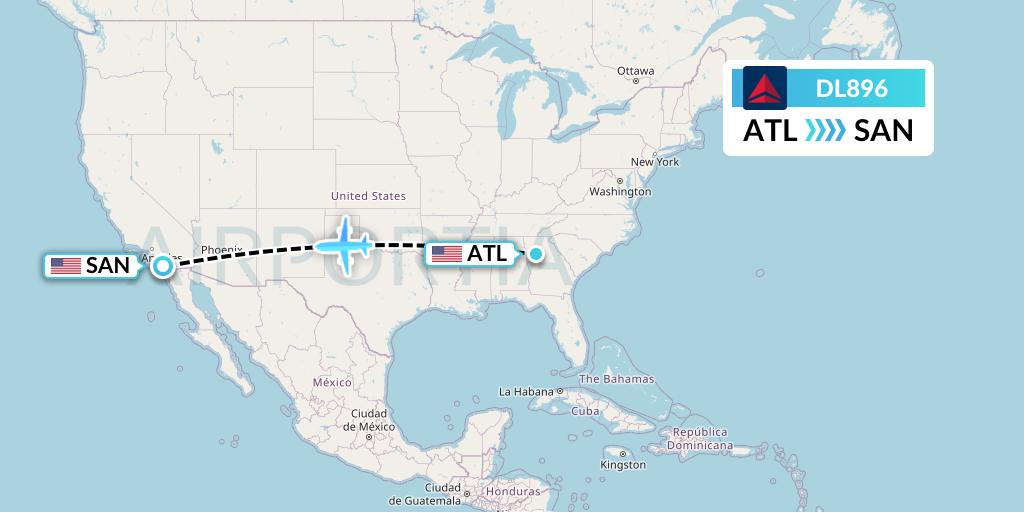 DL896 Delta Air Lines Flight Map: Atlanta to San Diego