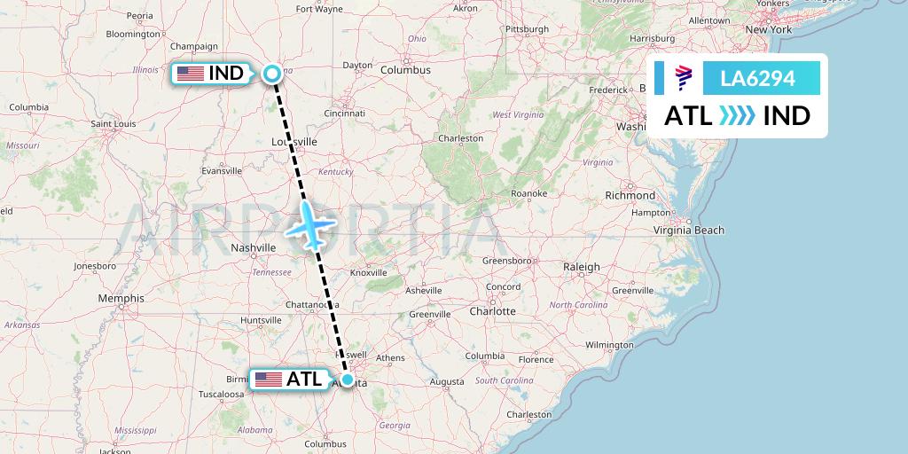 LA6294 LAN Airlines Flight Map: Atlanta to Indianapolis