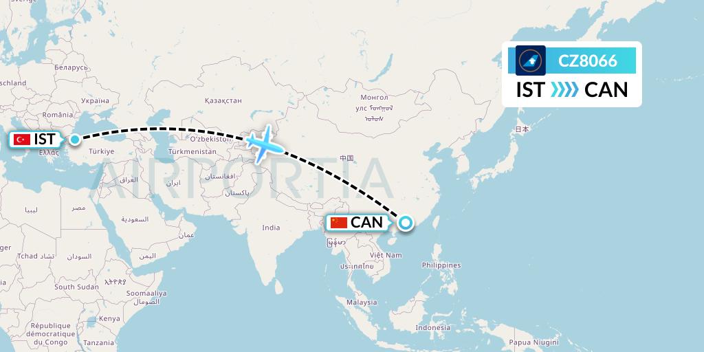 CZ8066 China Southern Airlines Flight Map: Istanbul to Guangzhou