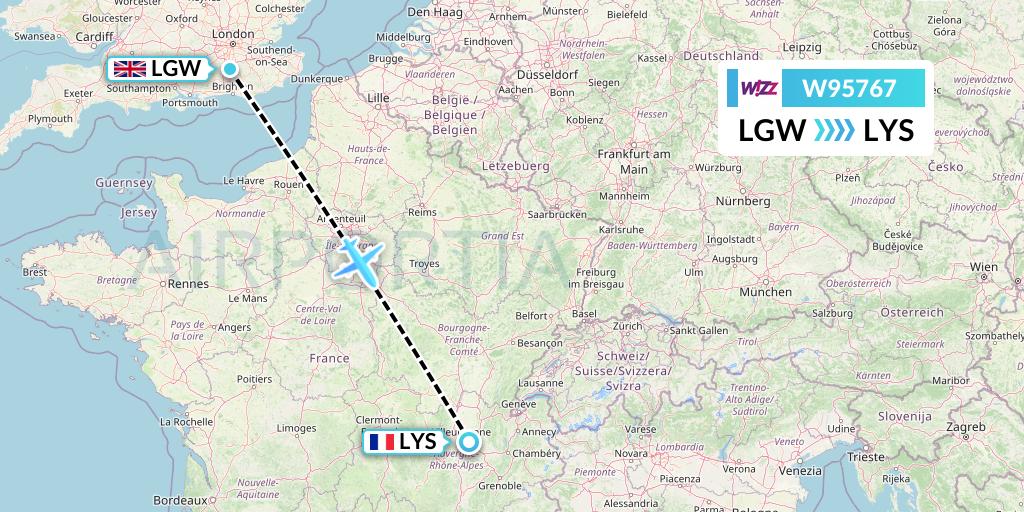 W95767 Wizz Air UK Flight Map: London to Lyon
