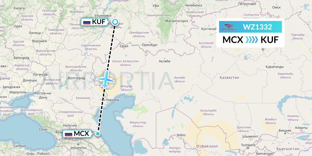 WZ1332 Red Wings Flight Map: Makhachkala to Samara