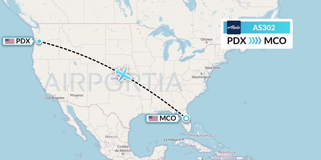 AS302 Alaska Airlines Flight Map: Portland to Orlando