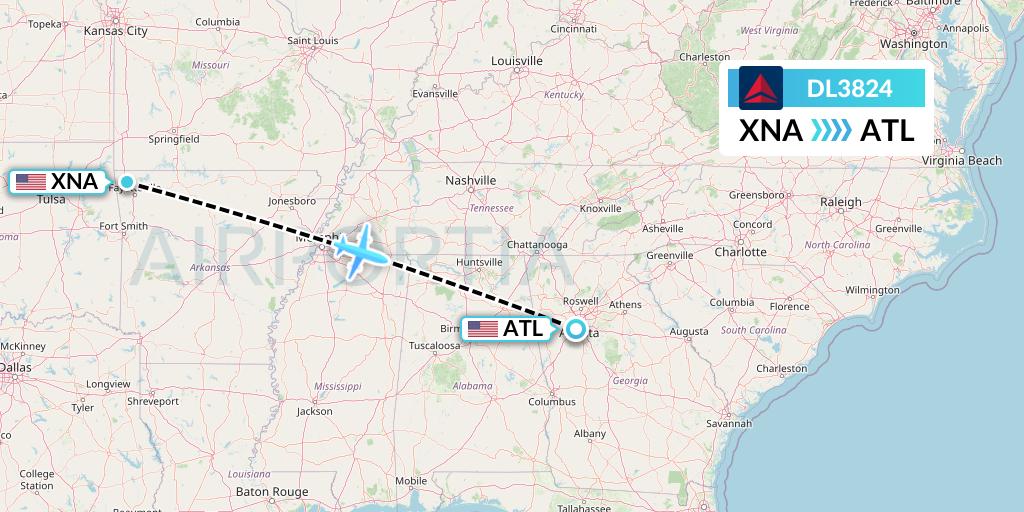 DL3824 Delta Air Lines Flight Map: Bentonville to Atlanta