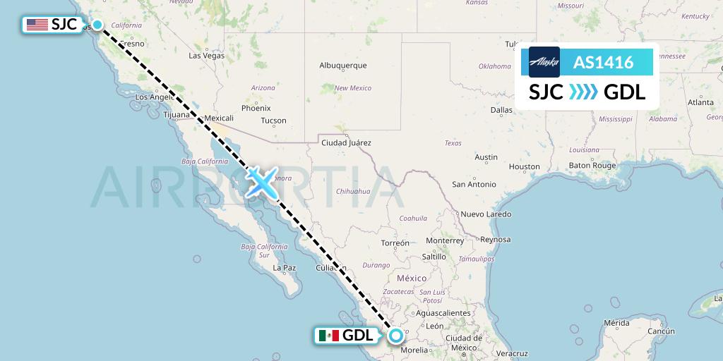 AS1416 Alaska Airlines Flight Map: San Jose to Guadalajara