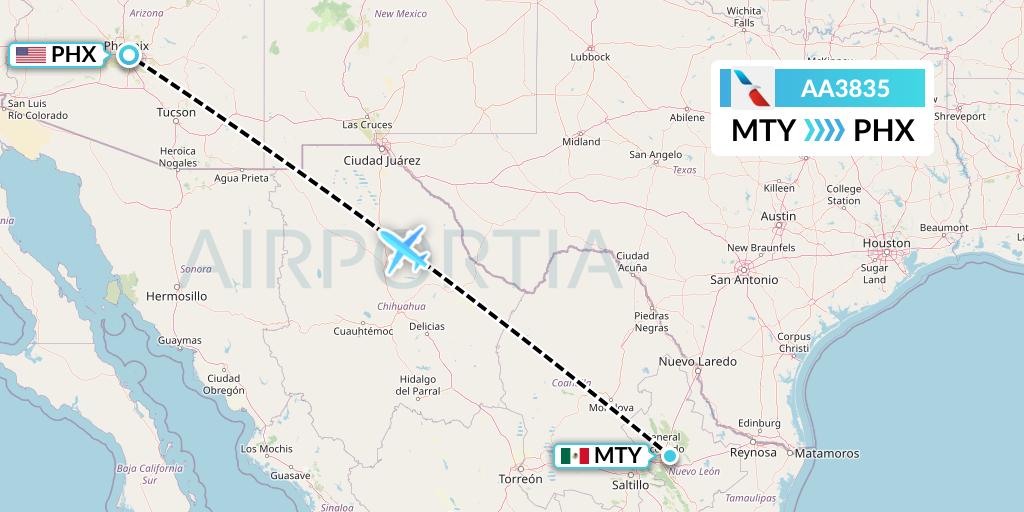 AA3835 American Airlines Flight Map: Monterrey to Phoenix