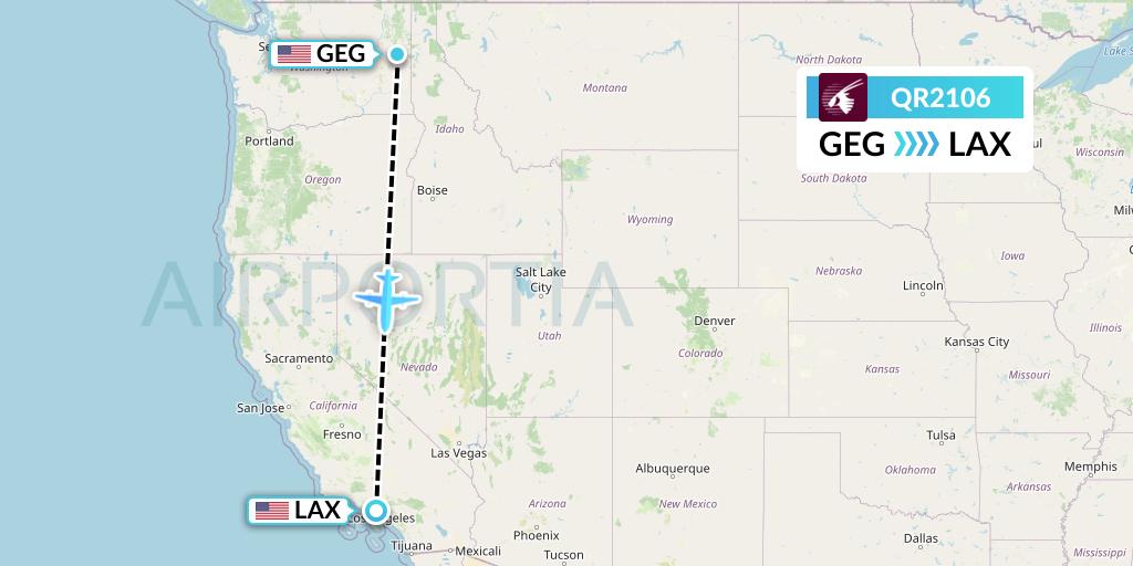 QR2106 Qatar Airways Flight Map: Spokane to Los Angeles