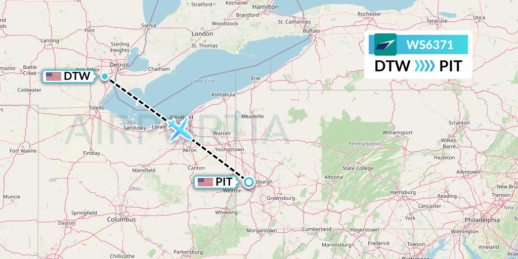 WS6371 WestJet Flight Map: Detroit to Pittsburgh