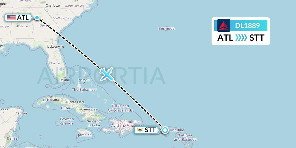 DL1889 Delta Air Lines Flight Map: Atlanta to St. Thomas