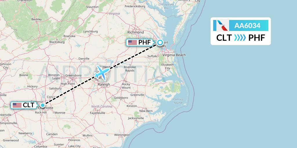 AA6034 American Airlines Flight Map: Charlotte to Newport News