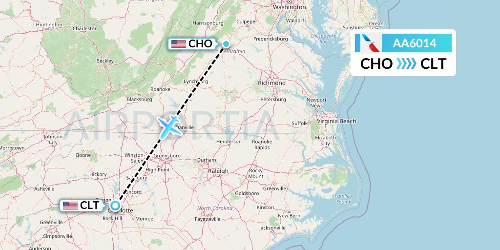 AA6014 American Airlines Flight Map: Charlottesville to Charlotte