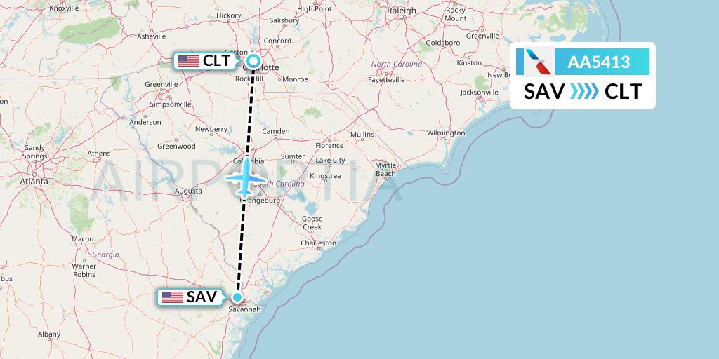 AA5413 American Airlines Flight Map: Savannah to Charlotte