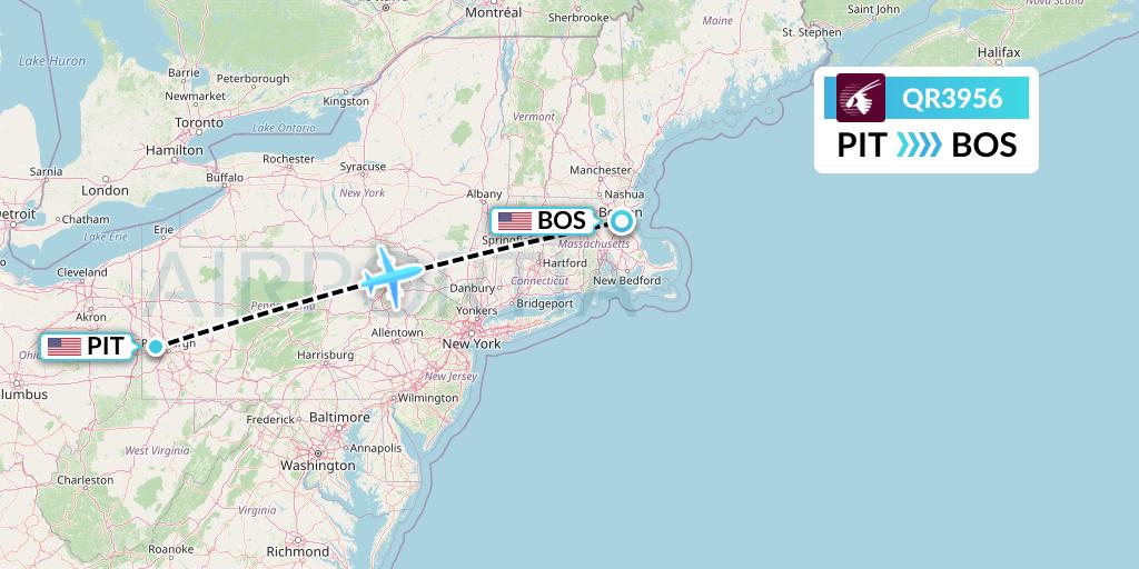 QR3956 Qatar Airways Flight Map: Pittsburgh to Boston