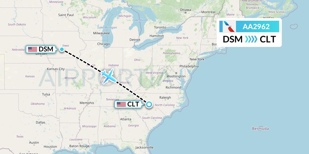 AA2962 American Airlines Flight Map: Des Moines to Charlotte