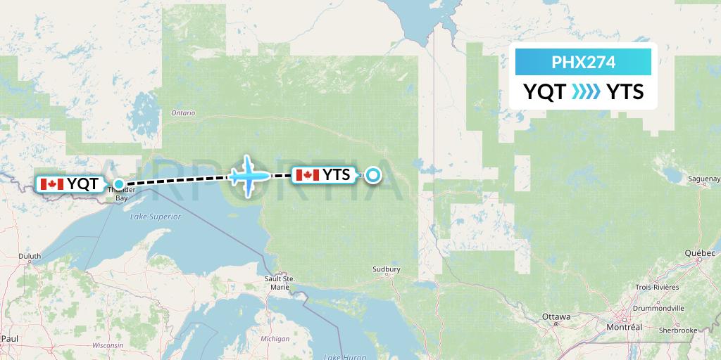 PHX274 SkyCare Flight Map: Thunder Bay to Timmins