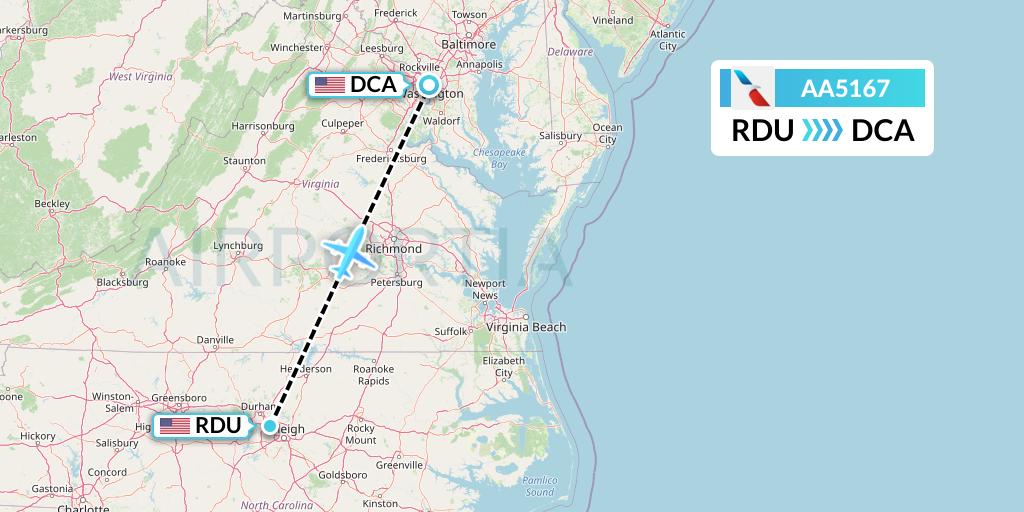AA5167 American Airlines Flight Map: Raleigh-Durham to Washington