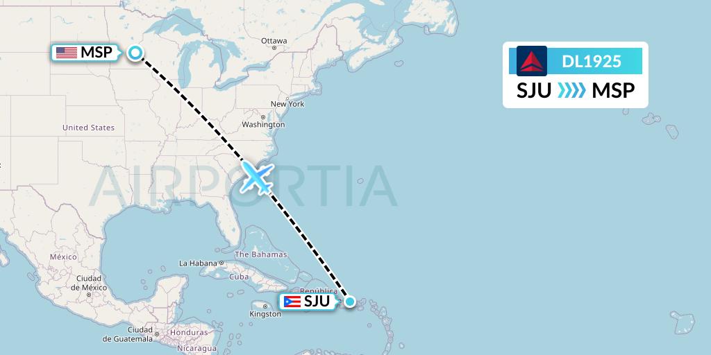 DL1925 Delta Air Lines Flight Map: San Juan to Minneapolis