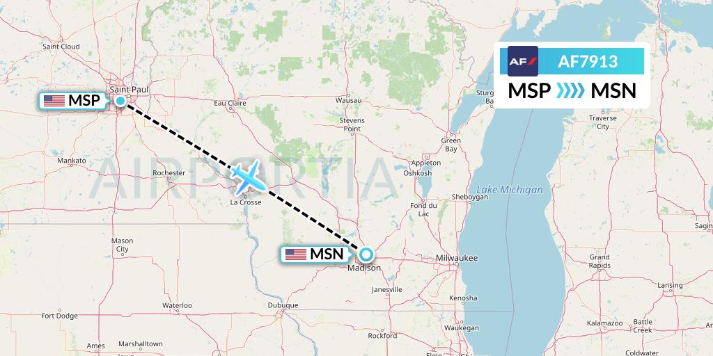 AF7913 Air France Flight Map: Minneapolis to Madison