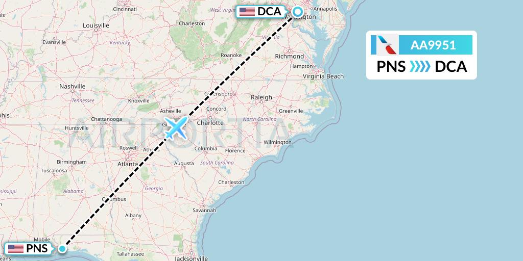 AA9951 American Airlines Flight Map: Pensacola to Washington